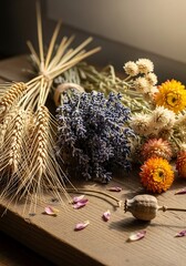 Obraz premium Dried flower arrangement on wood