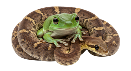 Green tree frog sitting on a snake reptile amphibian wildlife nature exotic pet animal close up wildlife isolated on transparent white background