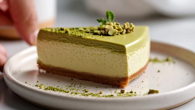 matcha green tea cheesecake on white 