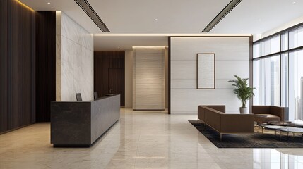 A modern reception area featuring sleek furniture, marble flooring, and large windows, creating a bright and inviting atmosphere.