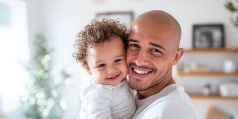 Obraz premium The father and toddler sharing a joyful hug in a cozy modern living room