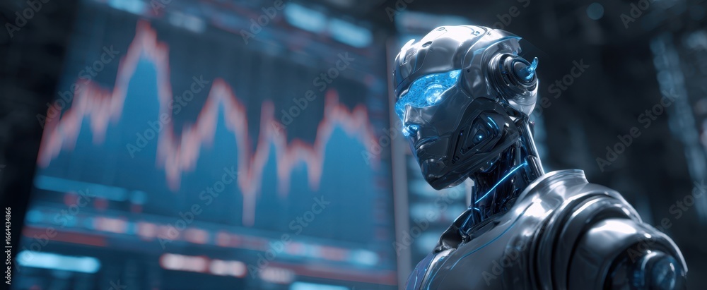 Aufkleber [The Android Trader Standing Beside a Digital Stock Chart in a Futuristic Control Room]