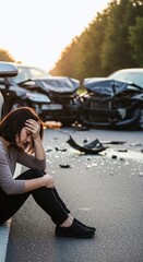 Distraught woman crying after a serious multiple car accident on a road