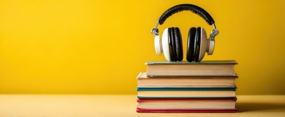 The Headphones Resting on a Stack of Colorful Books Against a Bright Yellow Background