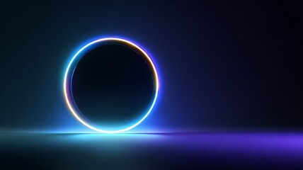 Image of a circle on the left side of the image touching the ground with light vibrant colors and a black background, image with copyspace, digital art