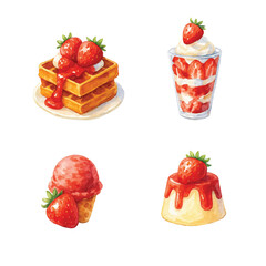 Watercolor Strawberry-Theme, Food Edition #9—Strawberry Waffle, Parfait, Sorbet, and Pudding. Vector Illustration. Design Element. Clip art. Suitable for artwork design.