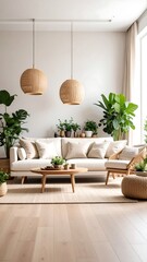 Modern, minimalist living room with natural elements