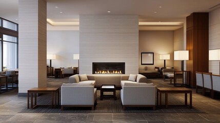 A modern lounge area featuring comfortable seating, a stylish fireplace, and ambient lighting, creating a cozy atmosphere for relaxation.