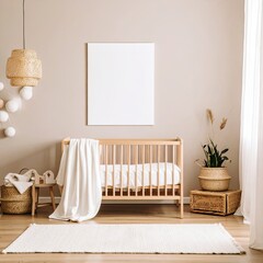 Cozy Nursery Design, Modern Crib, Minimalist Room, Photo, Soft Lighting, Serene Environment
