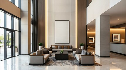 Obraz premium A modern, elegantly designed lobby featuring stylish furniture, large windows, and warm lighting, creating a welcoming atmosphere.