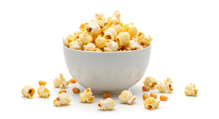 A white bowl overflowing with freshly popped, buttery popcorn, with scattered kernels and popped pieces on a clean white background.