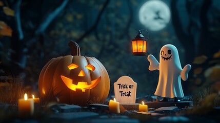 Halloween scene with pumpkin and ghost