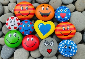 Cute painted rocks with various emotions, colorful smiley faces and hearts