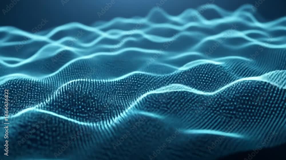 Poster dynamic blue abstract wave animation, particle simulation for modern visualization, digital art