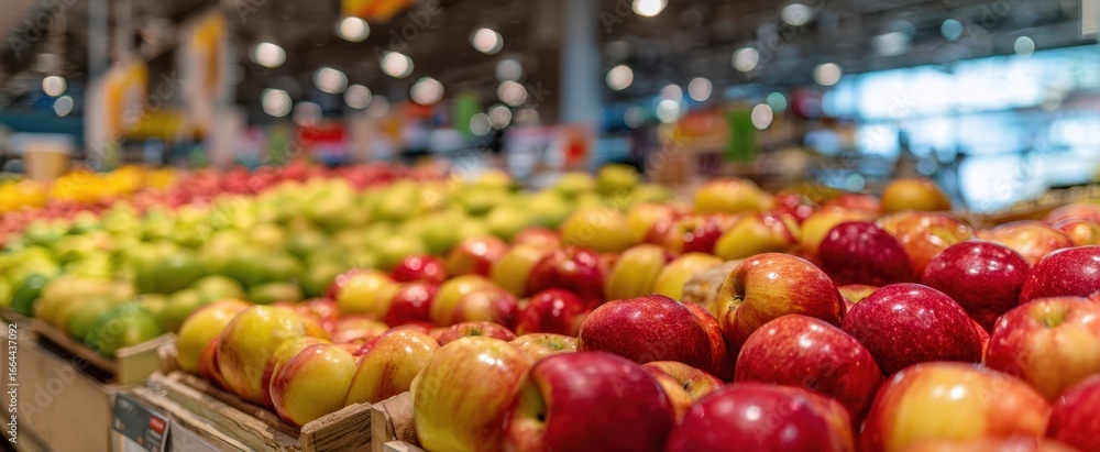 Poster the apples on display at a busy supermarket produce section with colorful bokeh