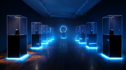 Luxury watch display exhibition showcase with blue neon lights in a modern art gallery hall space