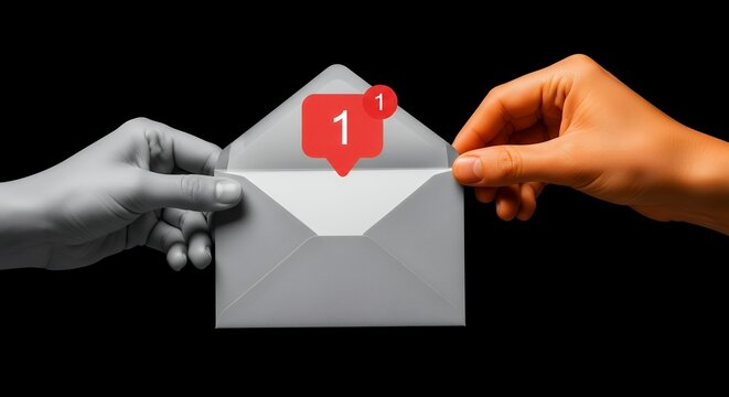 Email Exchange Concept Two Hands Holding Envelope with Notification Number One Isolated on Black