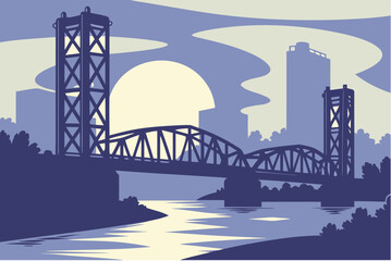 Wilmington skyline at twilight with the Christina River still and reflective, framed by bridges and evening sky gradients, modern flat illustration style.