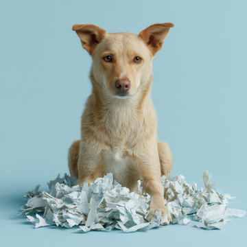 Innocent tan dog creating unintentional paper chaos