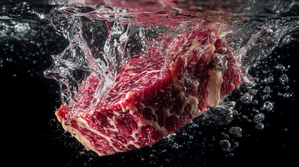 A fresh raw well marbled cut of beef splashing into water effect, dynamic and appealing composition, Freshness and culinary concept

