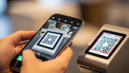 Contactless Payment Technology Mobile Phone Scanning QR Code at POS Terminal, New Banking - Powered by Adobe