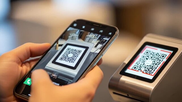 Contactless Payment Technology Mobile Phone Scanning QR Code at POS Terminal, New Banking