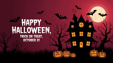 Halloween night illustration with haunted house, glowing pumpkins, red full moon and bats in spooky trick or treat banner