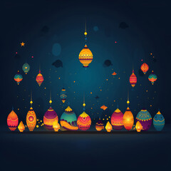 A whimsical graphic illustration featuring an array of traditional hanging lanterns and floor lamps, all with intricate patterns and glowing lights, against a dark blue night sky.