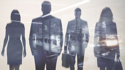 Diverse office team on abstract city financial background, perfect for business presentation or corporate concept.