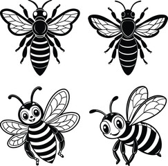 Honey bee in black and white side view , Digital illustration of yellow and black striped bees

