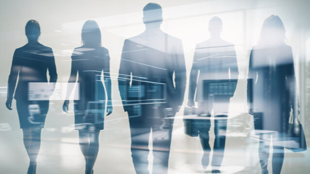 Diverse office team on abstract city financial background, perfect for business presentation or corporate concept.