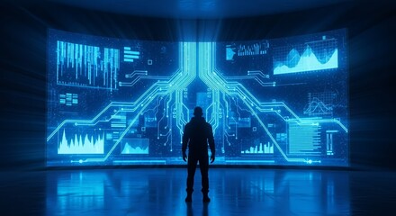 Man gazes at futuristic digital data visualization screen