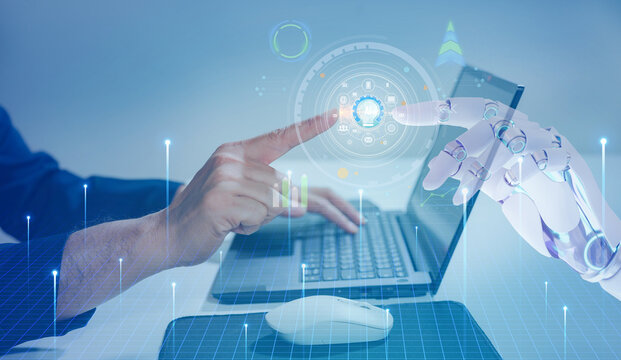 Human and robotic fingers connecting, emphasizing AI technology interaction.Internet usage worldwide in business and technology with internet icons linked.