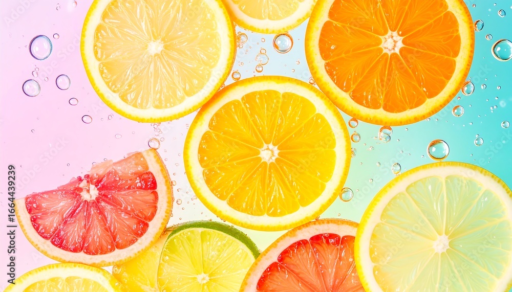 Poster vibrant citrus slices, bright and juicy, float in water, creating a refreshing and colorful display.
