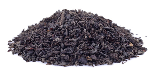 Pile of black tea leaves isolated on white background