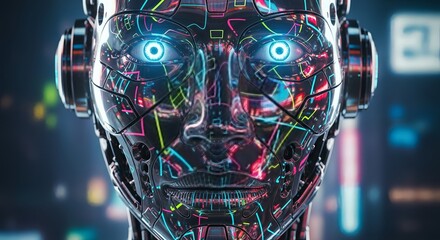 Futuristic robot face with glowing blue eyes and neon circuit lines