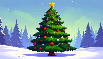 Fototapeta premium A vibrant Christmas tree stands tall in a snowy forest, adorned with colorful ornaments and a golden star.