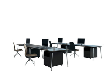 Office desks with black chairs and desktop computers, modern furniture style, on transparent white background. Concept of clean workspace. 3D Rendering
