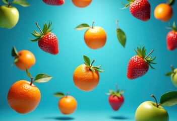 vibrant fruits suspended mid air bright blue background eye catching visual contrast captivating colorful composition, presentation, pears, bananas, kiwis