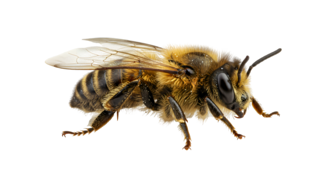 Isolated honey bee macro shot on black background for beekeeping and pollination content and design use isolated on transparent white background