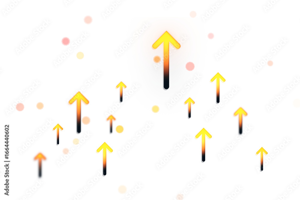 Poster yellow glowing upward arrows on white backdrop with soft gradient dots, clean modern design template