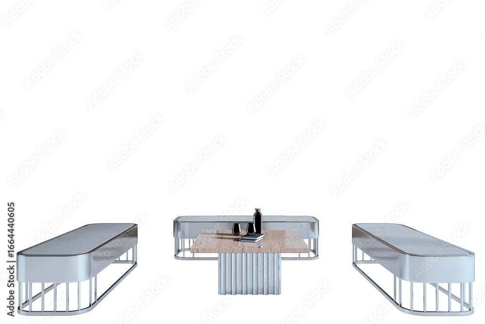 Poster contemporary waiting area bench and table furniture set with clean modern design, isolated on white 