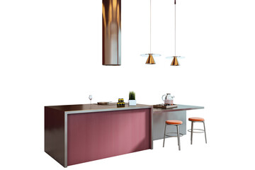Contemporary kitchen island with bar stools, pendant lights, and cooking equipment on clean white background. Concept of modern interior layout. 3D Rendering © Who is Danny