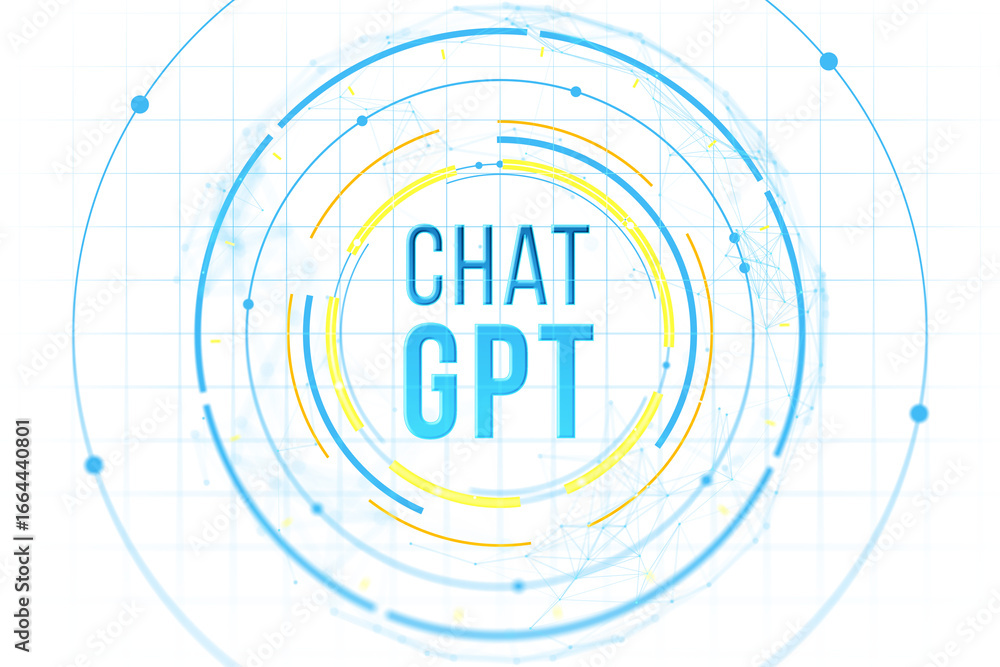 Poster chat gpt text in center of circular tech rings, futuristic digital style, transparent grid backgroun
