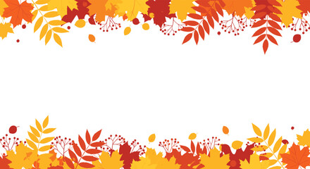 Beautifully decorated autumnal border design with falling leaves and delicate sprigs of flora