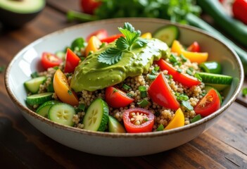 vibrant quinoa salad creamy avocado fresh vegetables healthy eating colorful dish, ingredient, green, food, nutritious, meal, tomato, pepper, cilantro