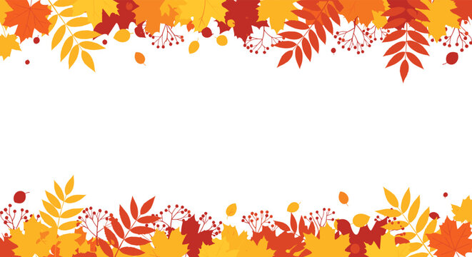 Beautifully decorated autumnal border design with falling leaves and delicate sprigs of flora
