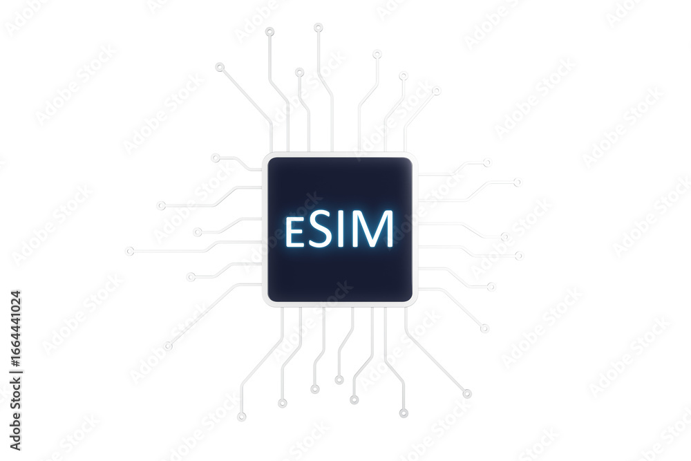 Poster esim chip element with glowing text and circuit lines, clean tech style, front view, isolated on tra