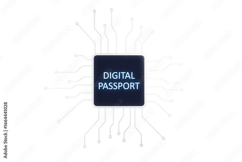 Poster central digital passport chip with abstract circuit lines in clean layout on white background, conce