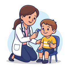 A lady doctor checks a small boy's temperature with a digital thermometer cute cartoon